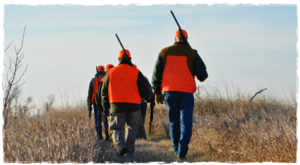 A group of hunters walking through a meadow area wearing camouflage and orange.